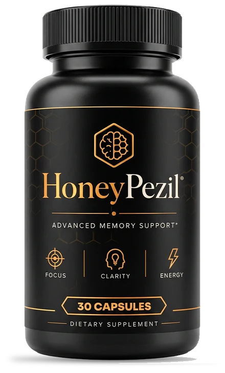 HoneyPezil Advanced Memory Support bottle, black with gold label, 30 capsules