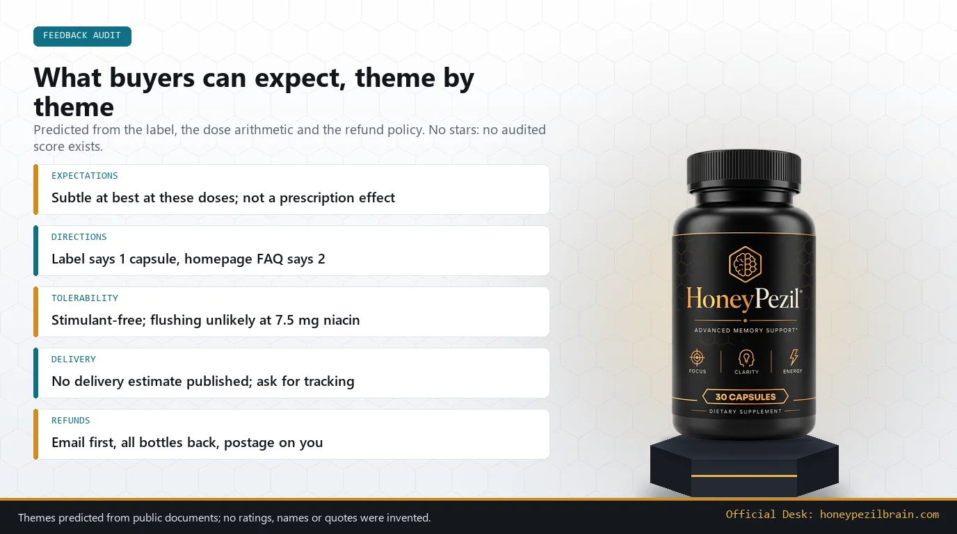 HoneyPezil bottle beside five predicted buyer feedback themes: expectations, directions, tolerability, delivery and refunds